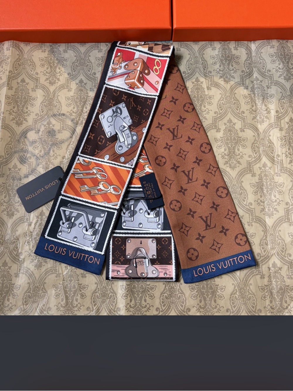 🟫 Louis. Vuitton. Lock Key Brown Monogram Logo Silk Scarf